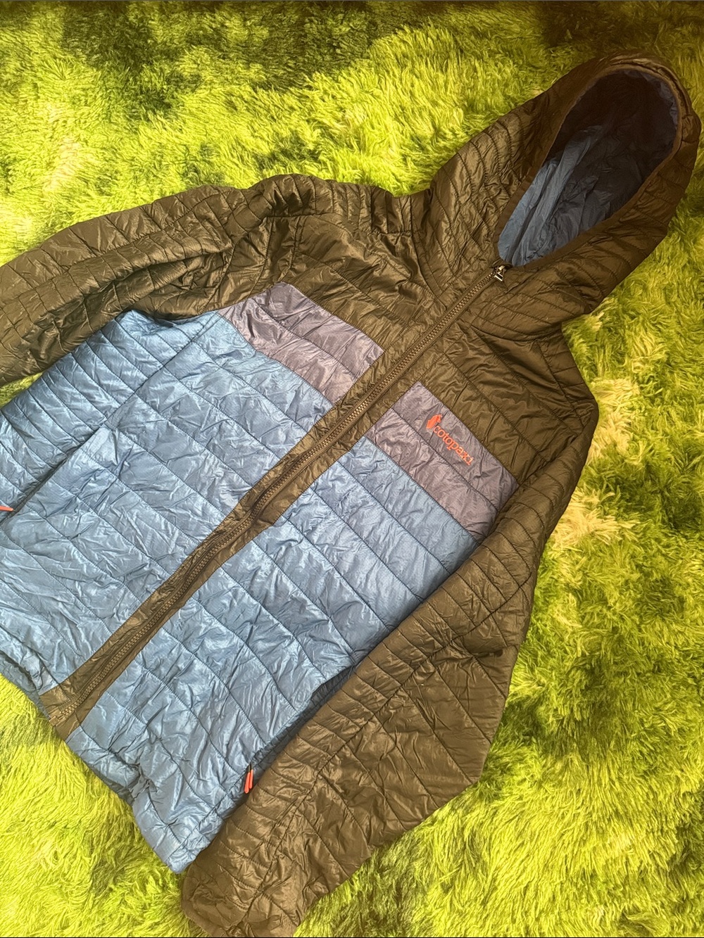 Cotopaxi Men's Hooded Puffer Jacket in Blue and Brown